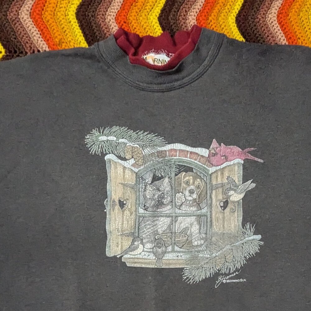 XL Vtg Morning Sun Sweatshirt Dog Cat Birds Winter Double Collar Gray h177